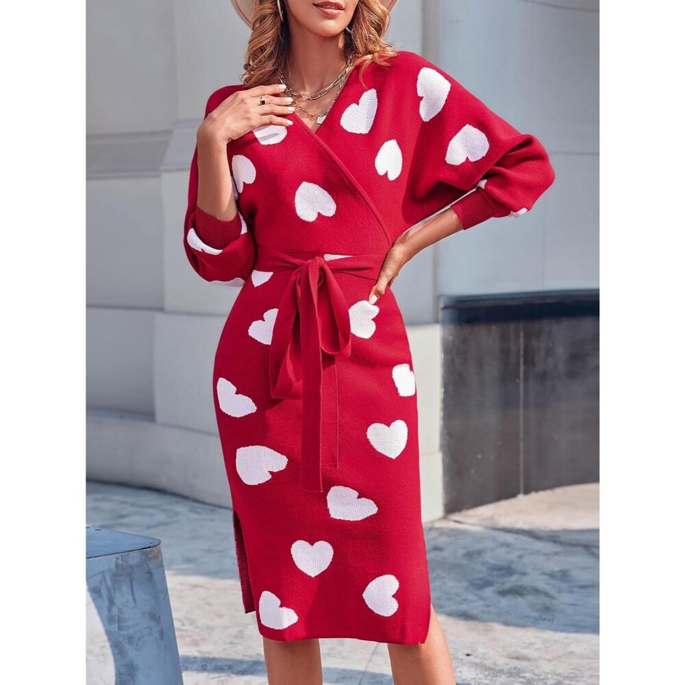 Women's Sweater Dress Wrap Batwing V Neck Slit Bodycon Dress Valentine Red - Picture 3 of 5